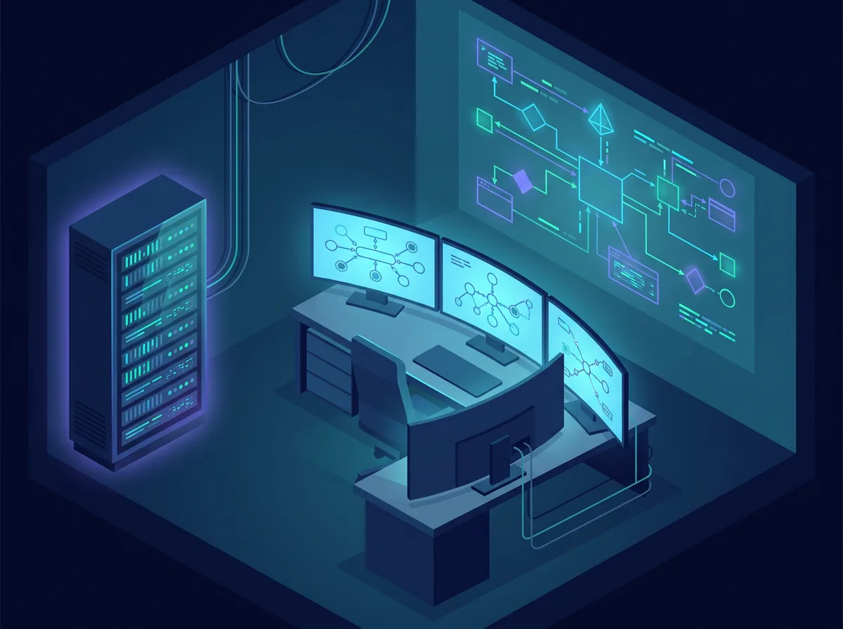 Control room con ingegneri che monitorano architettura software enterprise — System Stability 99.99%, diagrammi di sistema e linea produttiva