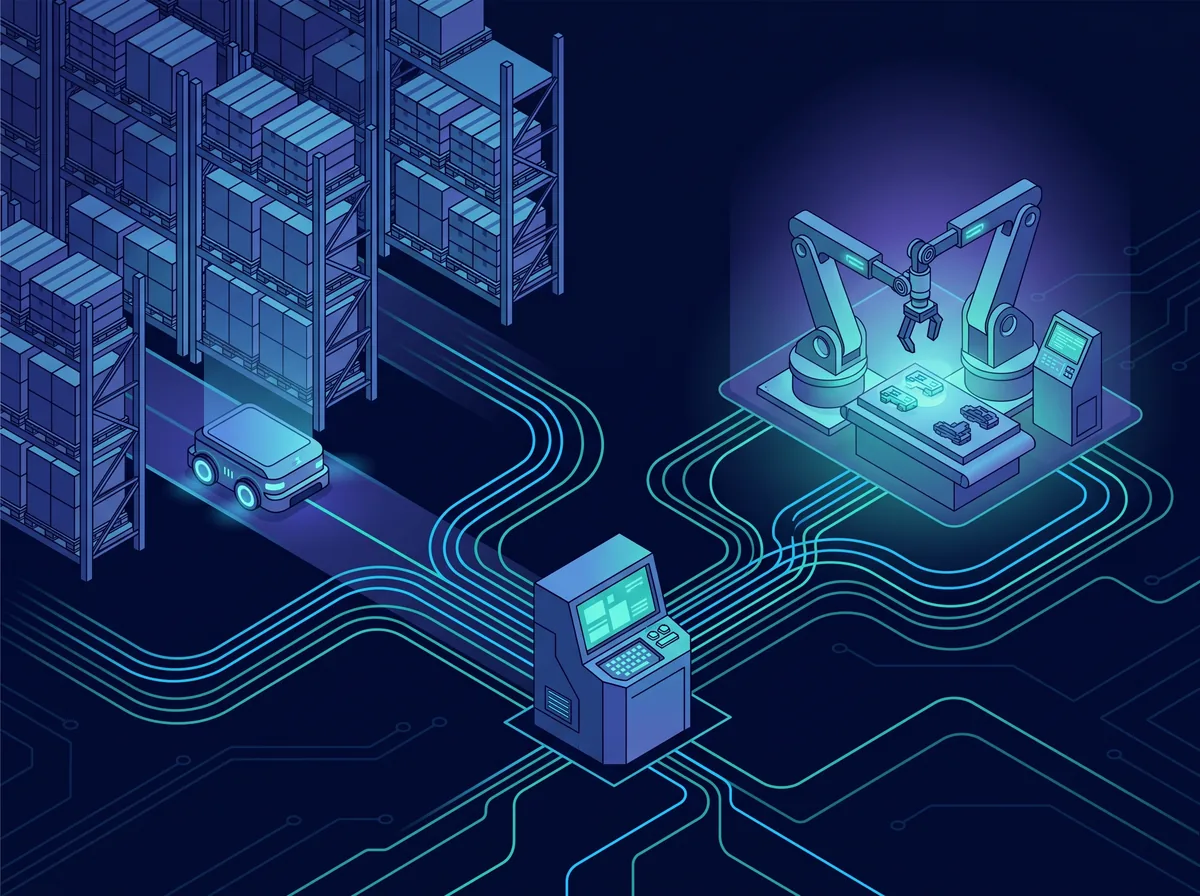 Ecosistema industriale integrato: magazzino con AGV, terminale WMS/WES, braccio robotico, ERP connectivity e field device protocols