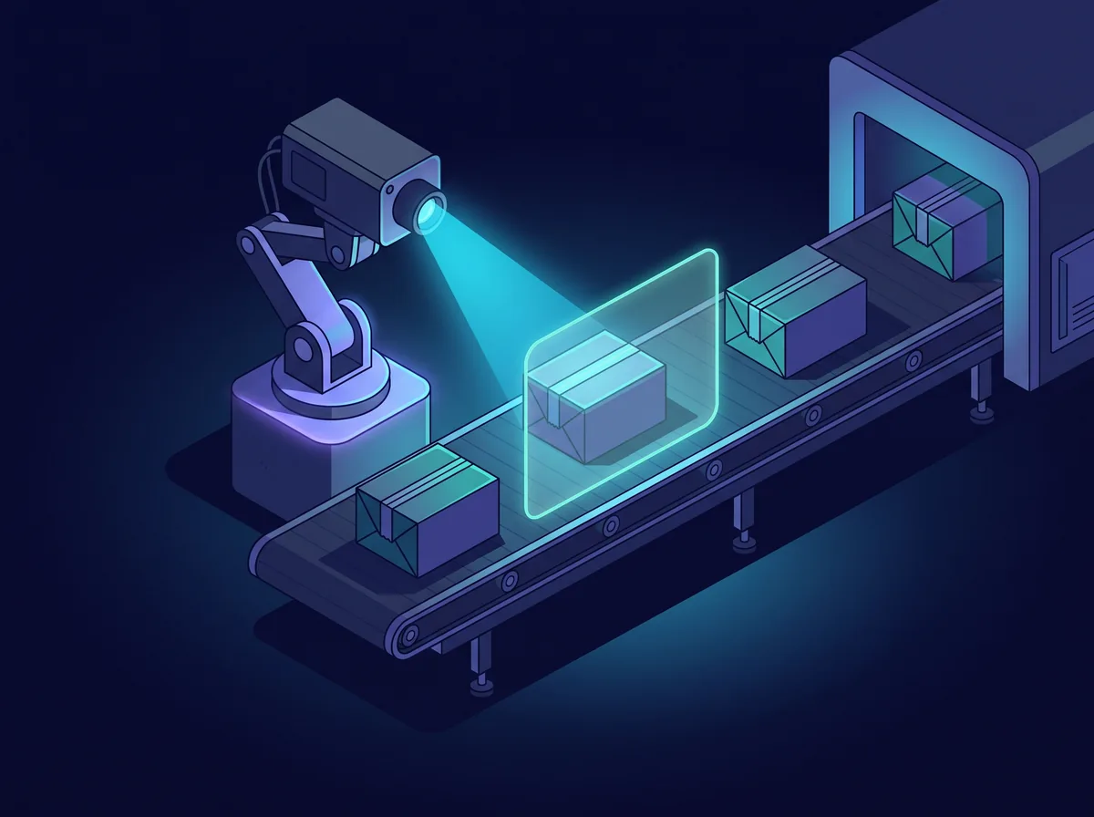 Braccio robotico con telecamera AI che valida in real-time barcode e lotto su conveyor — STATUS: VALIDATED, anomalia etichetta rilevata