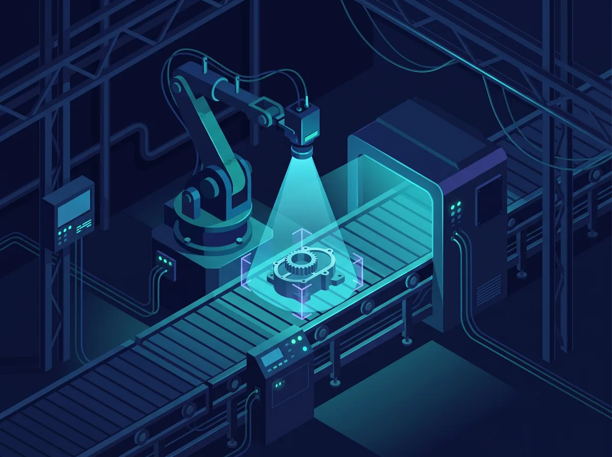 Braccio robotico con telecamera AI che ispeziona un componente su conveyor — OCR, classificazione, validazione e rilevamento non-conformità