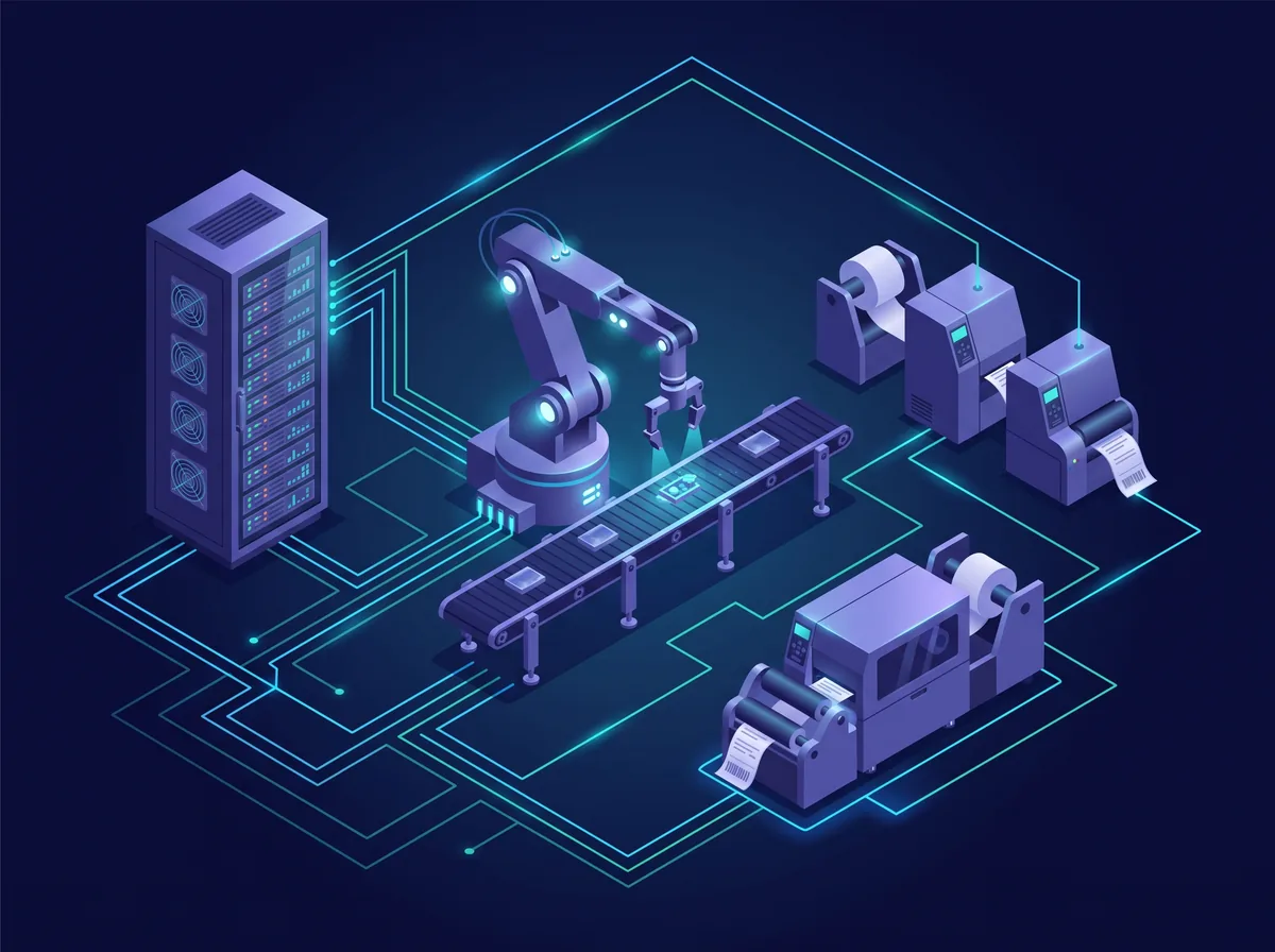 Linea di automazione industriale con braccio robotico, PLC, ERP middleware e flussi resilient su conveyor