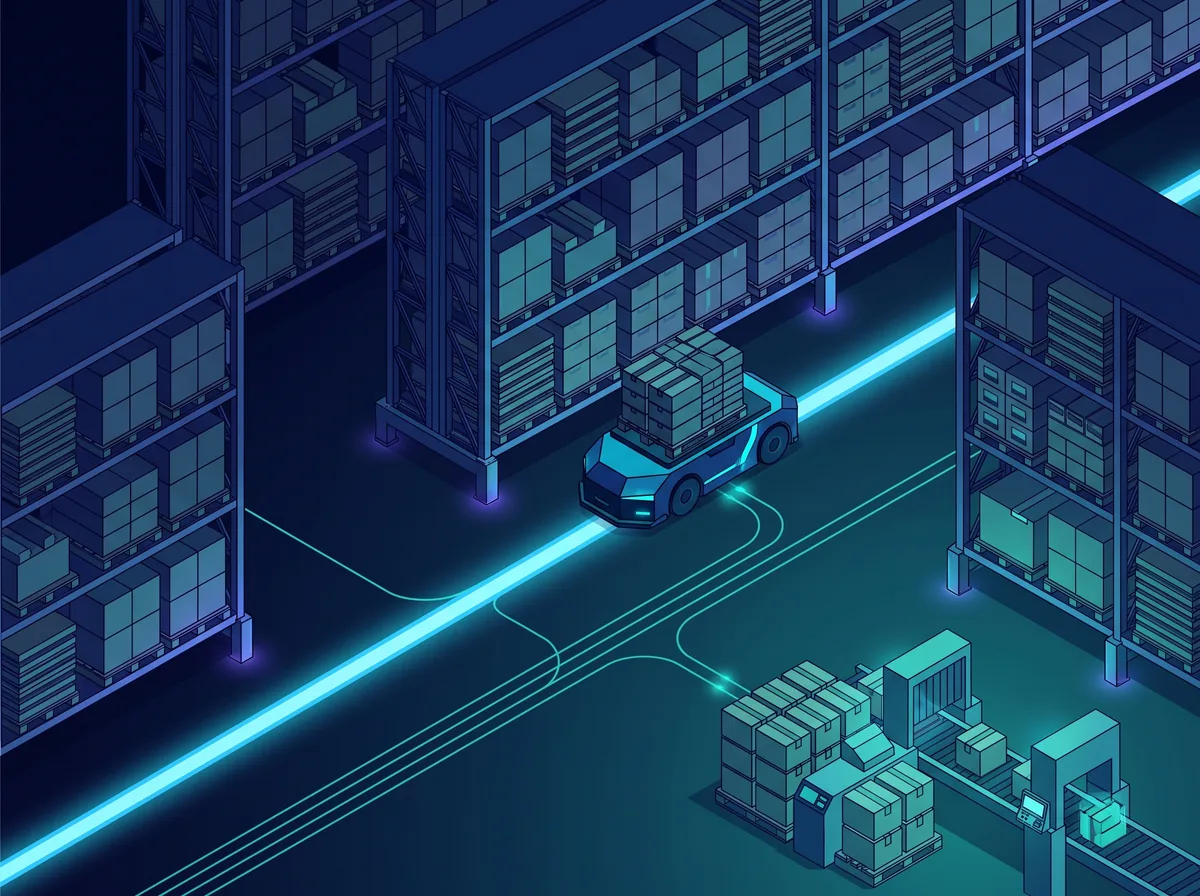 Magazzino con AGV e overlay AI — picking multi-ordine, tracciabilità lotti e orchestrazione WMS