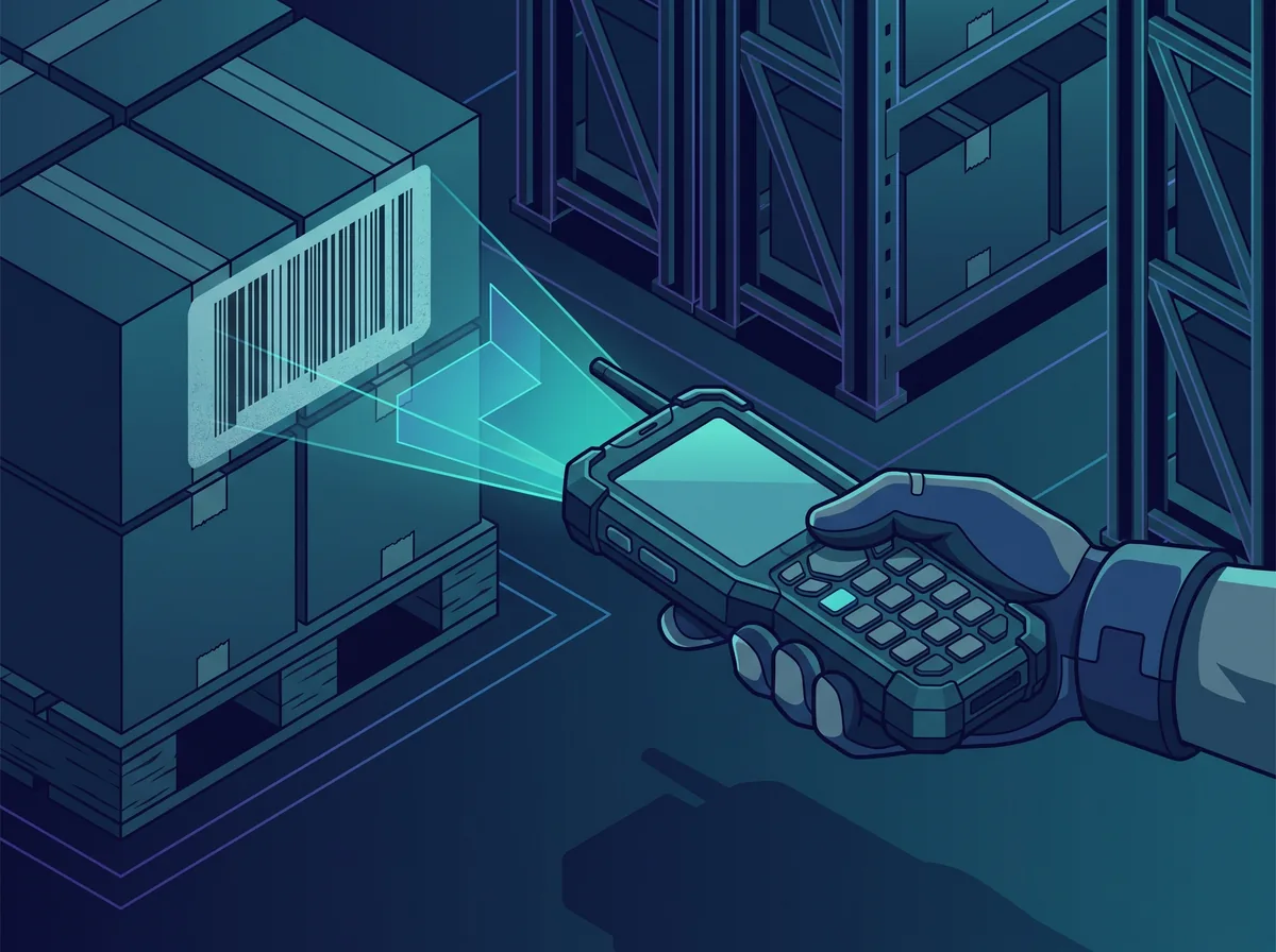Operatore con terminale rugged Zebra che scansiona QR code e barcode con AI on-device in magazzino