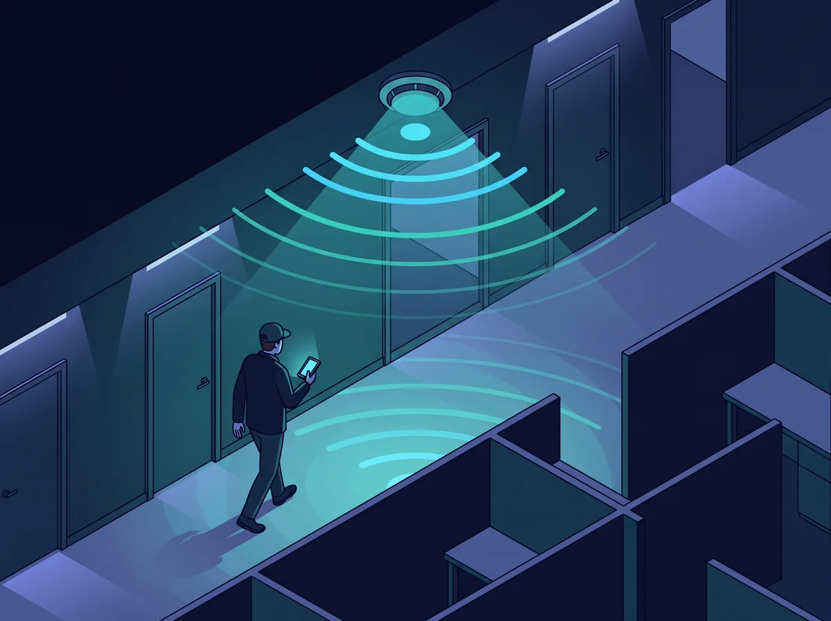 Network engineer con smartphone Android che esegue un Wi-Fi survey Radaria — onde Wi-Fi in cyan, metriche DNS/TLS/TTFB sovrapposte